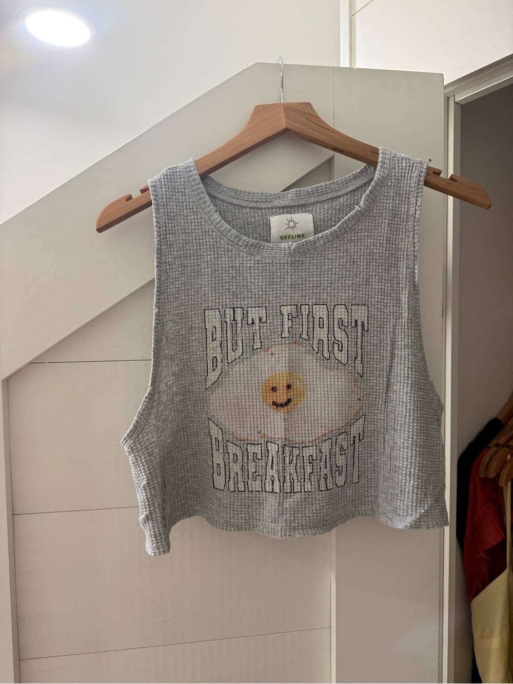 aerie Grey Waffle Knit Cropped Tank with Sunny Egg Graphic